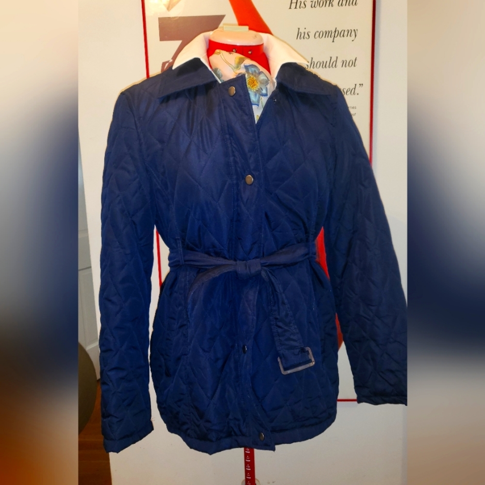 Blue quilted jacket belt coat medium m